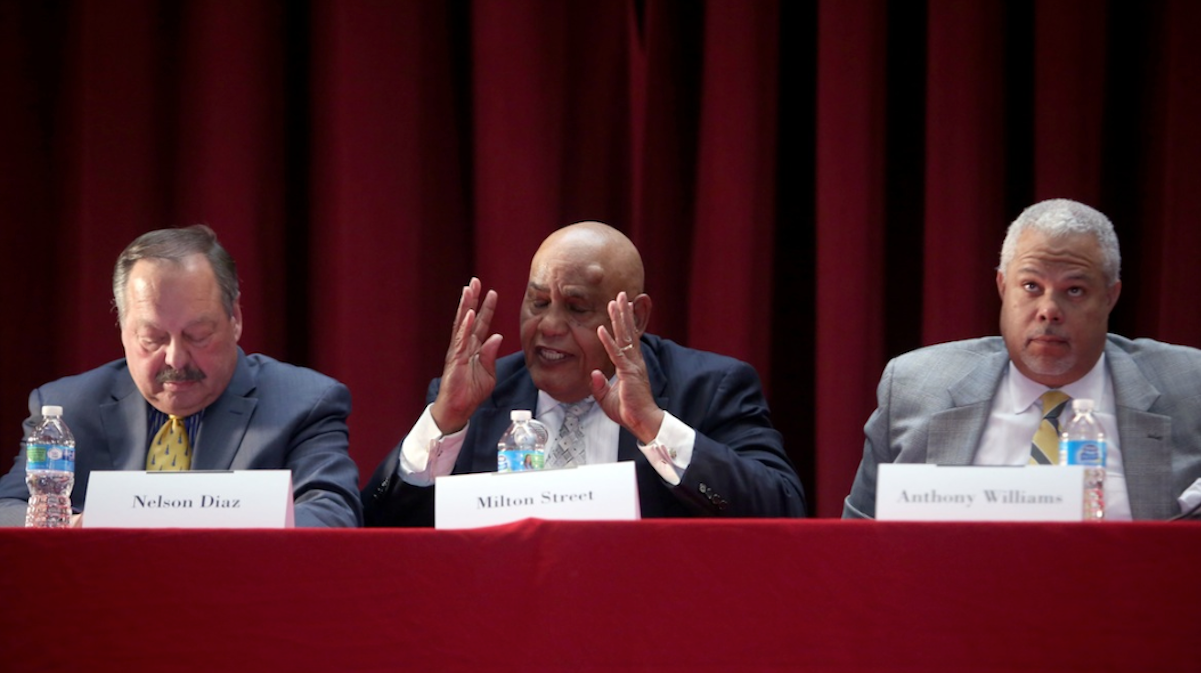  A night before he fended off a ballot challenge, Milton Street held court at a South Philly education forum. (Steph Aaronson/via The Next Mayor Partnership) 