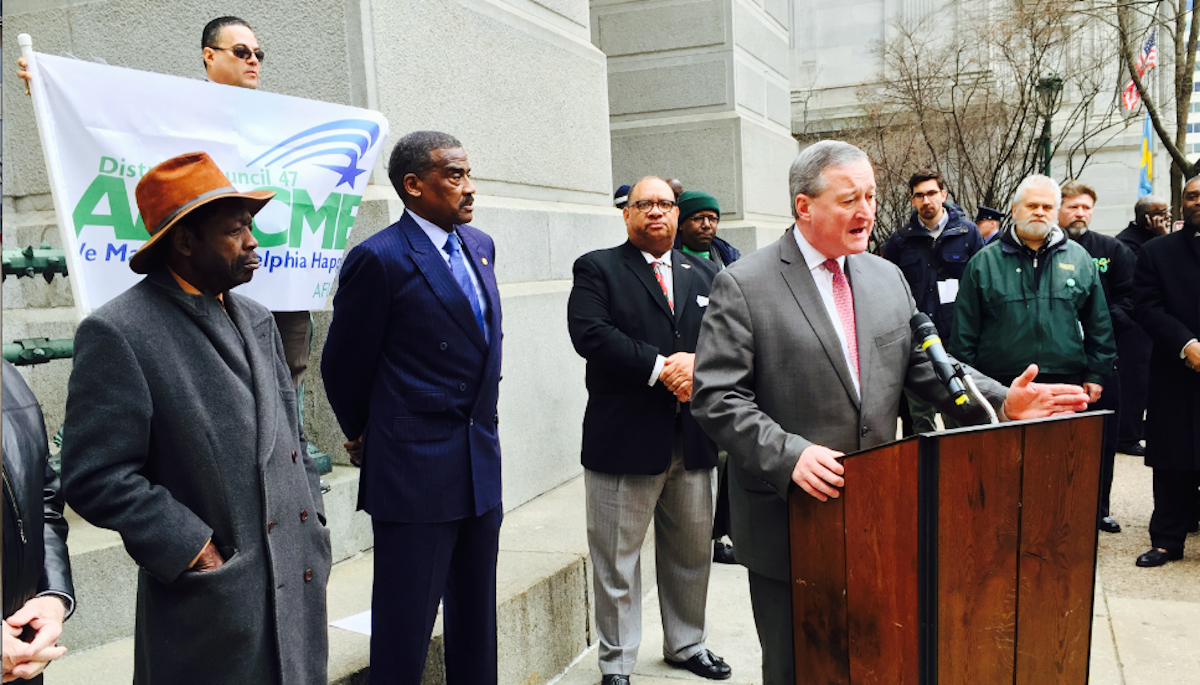  Jim Kenney speaks to members of three AFSCME district councils at Tuesday morning's endorsement event which was held outside City Hall. (Brian Hickey/WHYY) 