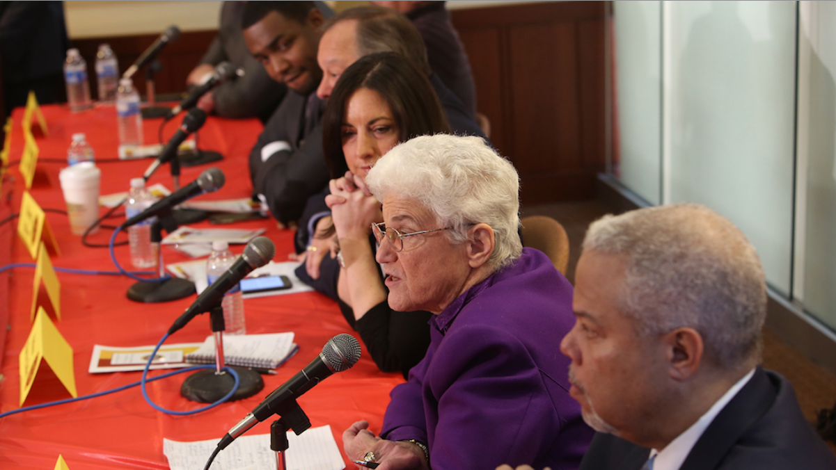  Lynne Abraham, shown here at a Central High School mayoral forum this week, released her education-policy plan on Thursday. (Stephanie Aaronson/via The Next Mayor partnership) 