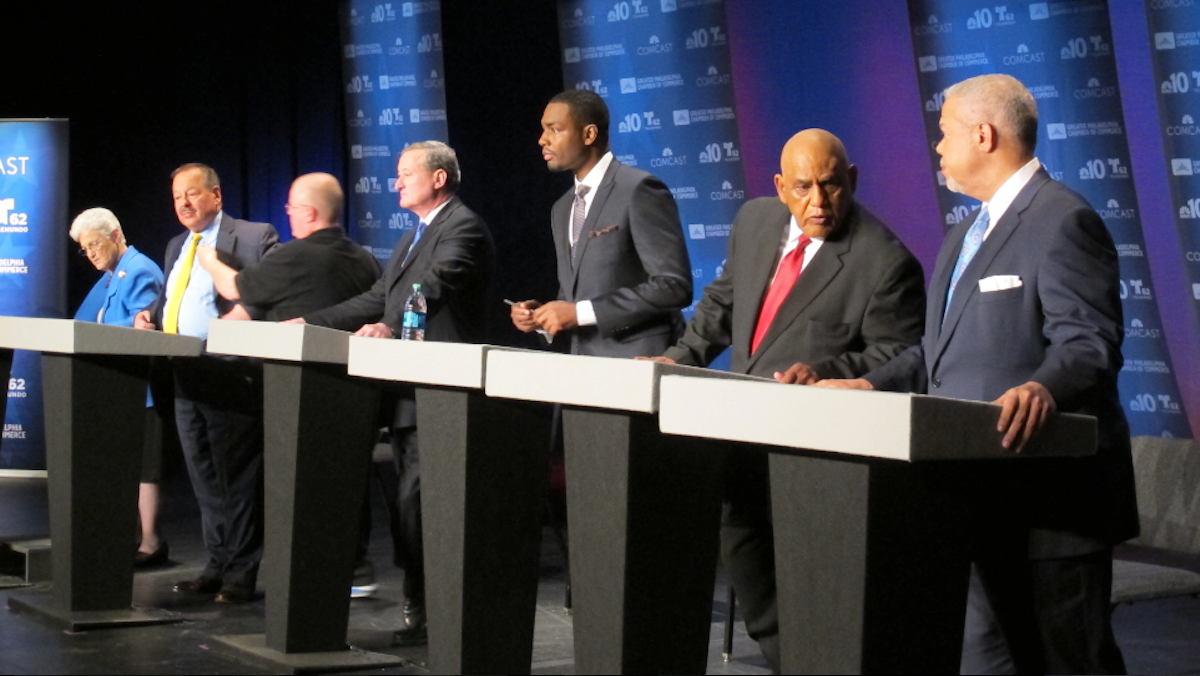  The candidates in this week's NinetyNine Quotes Quiz await the start of Tuesday night's forum. (Katie Colaneri/WHYY) 