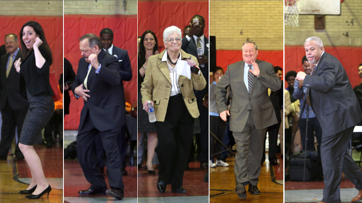  The mayoral candidates danced their way into Wednesday's forum at Dobbins High School. (Stephanie Aaronson/via The Next Mayor Partnership) 