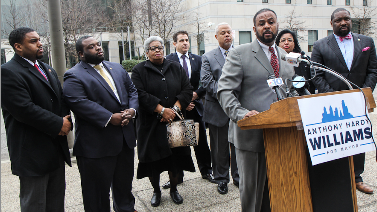  City Councilman Curtis Jones Jr. said those endorsing Tony Williams' mayoral candidacy represent a wide swath of the city. (Kimberly Paynter/WHYY) 