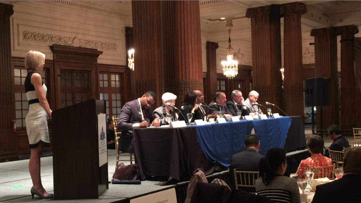  Seven candidates took the stage at Tuesday morning's 'future of affordable housing' mayoral forum. (Brian Hickey/WHYY) 