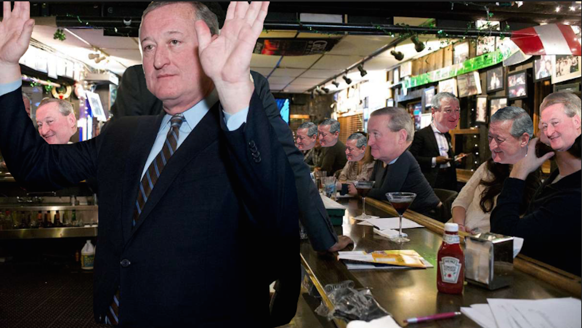 Jim Kenney couldn't make it to Quizzo night in East Falls on Tuesday. This is an imagination of what it would have looked like had nine Jim Kenney's showed up, though. (NewsWorks, file illustration) 