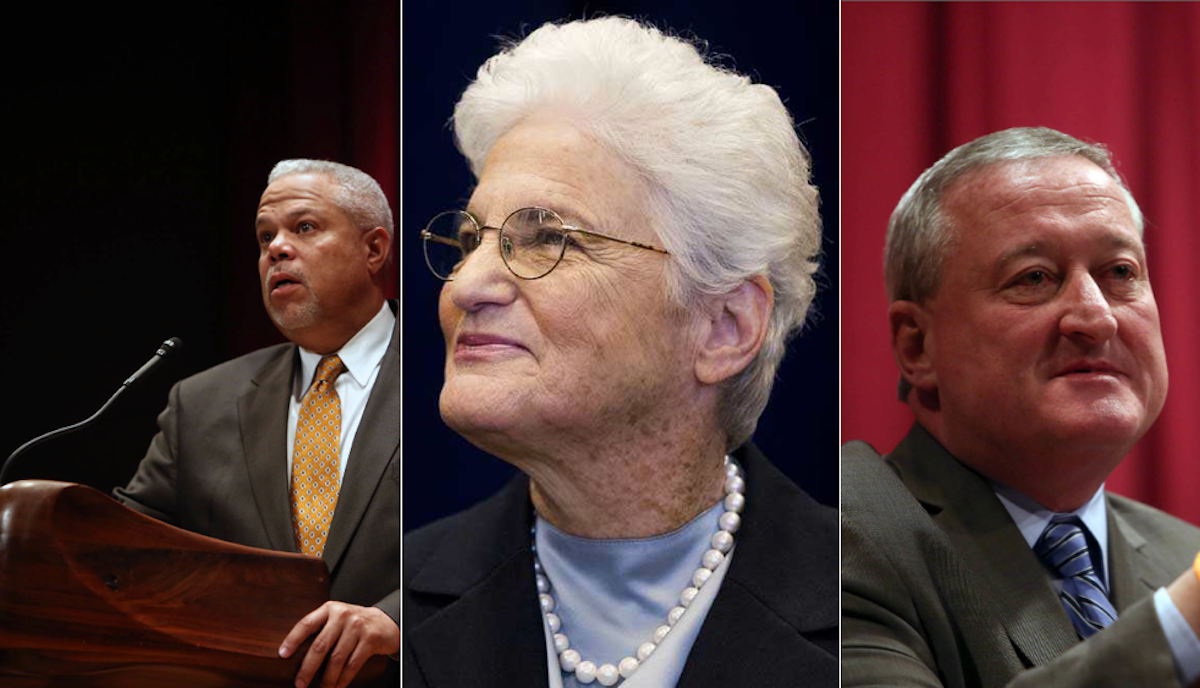  Lynne Abraham asked Tony Williams and Jim Kenney to swear off super-PAC money in March. (NewsWorks, file art) 
