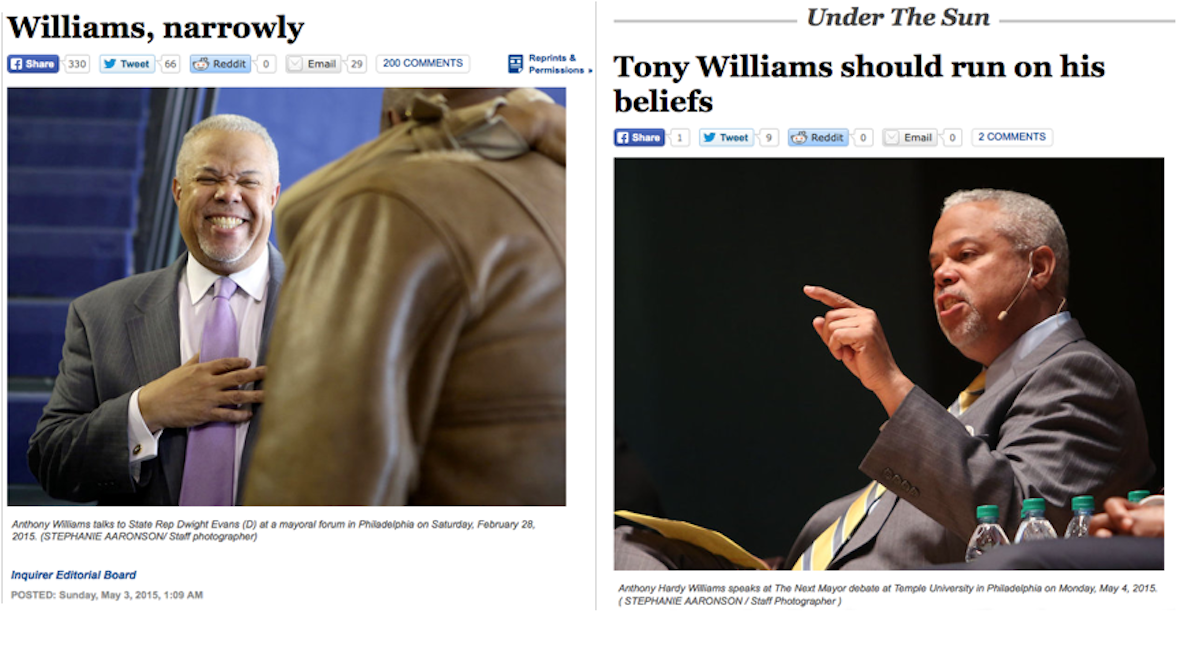  Dueling opinions. (Screen grabs from the Next Mayor partnership's Philly.com) 
