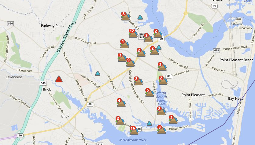  A JCP&L outage map depicting areas within northern Brick without power shortly after 9:00 p.m.  