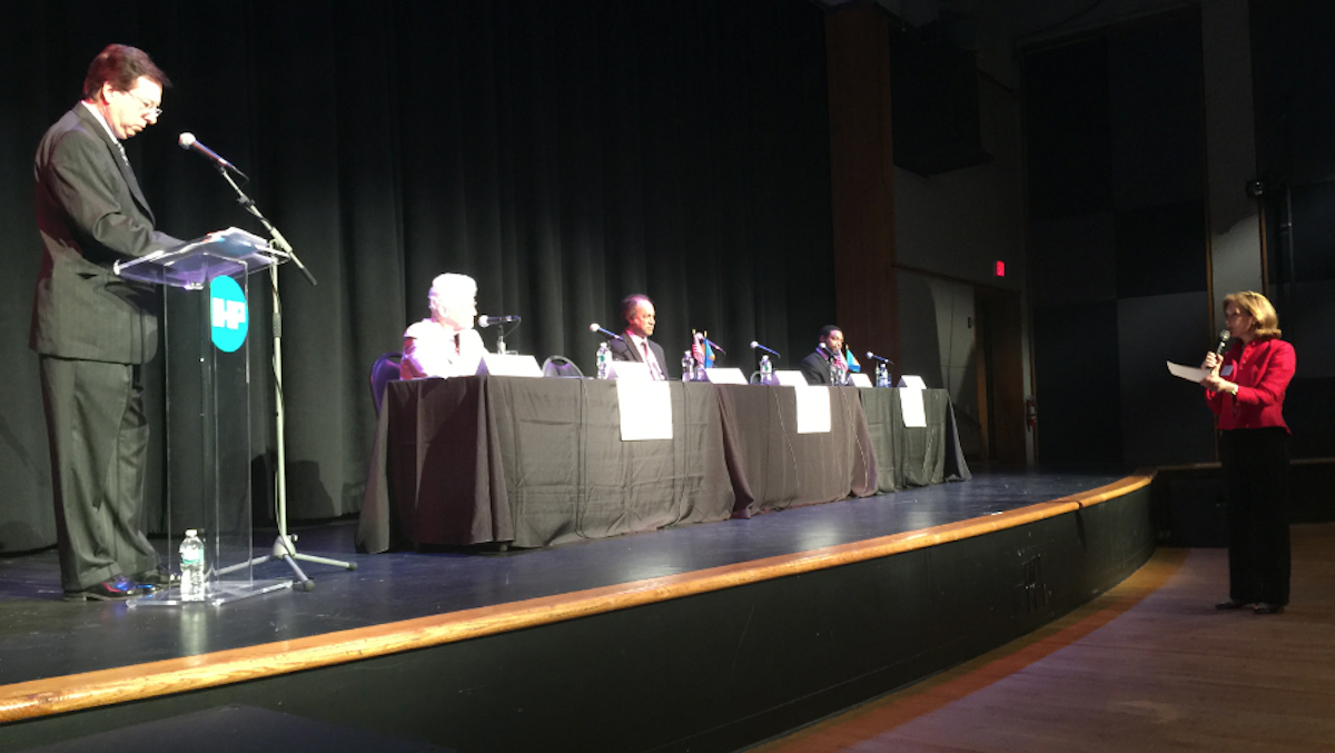  Global Philadelphia's 'Globally-Minded Leadership' mayoral forum was held inside an International House auditorium on Monday afternoon. (Brian Hickey/WHYY)  