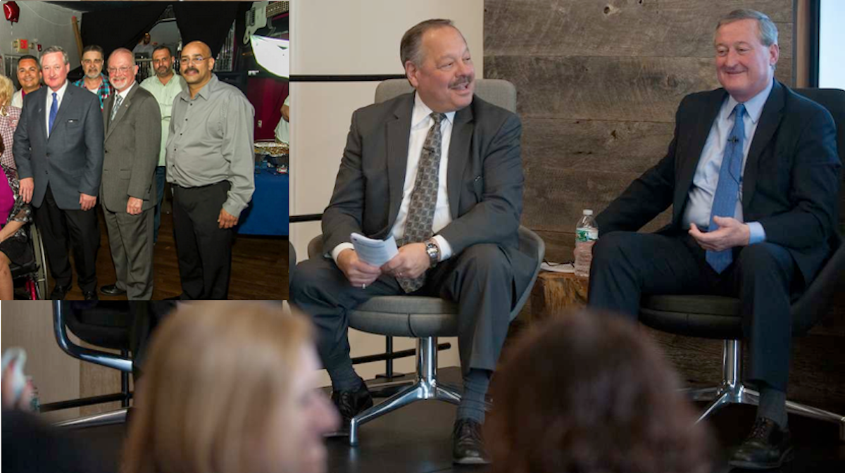  Nelson Diaz and Jim Kenney share a laugh after Diaz asked whether Kenney intentionally turned his microphone off at a recent forum. Inset: The photo at the heart of the Diaz campaign's question. (Tracie Van Auken/for NewsWorks) 