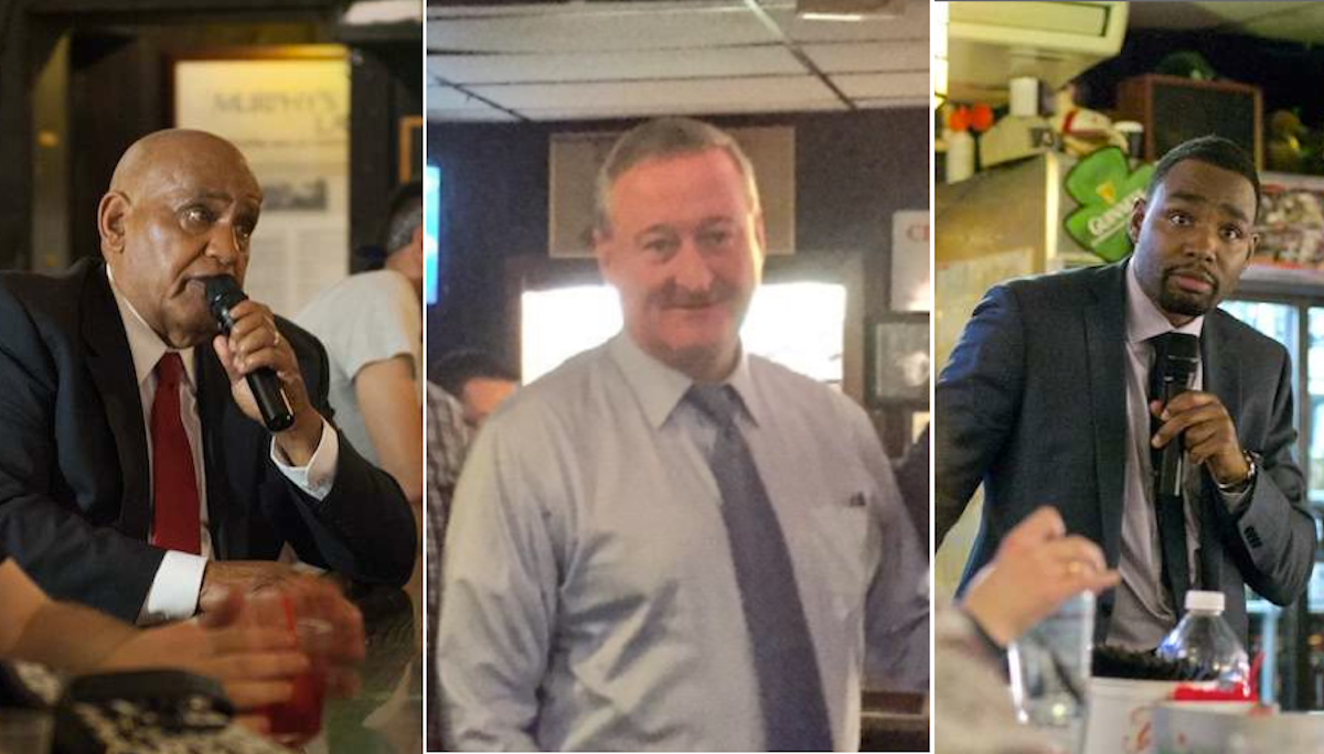  Mayoral candidates Milton Street, Jim Kenney and Doug Oliver at Quizzo night in East Falls. (NewsWorks, file art) 