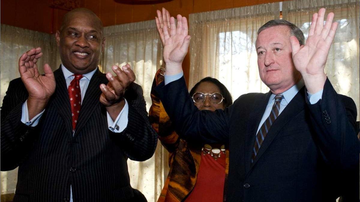  State Rep. Dwight Evans applauds as mayoral candidate Jim Kenney accepts the endorsement of a wide swath of Northwest Philadelphia's political leadership. (Bastiaan Slabbers/for NewsWorks) 