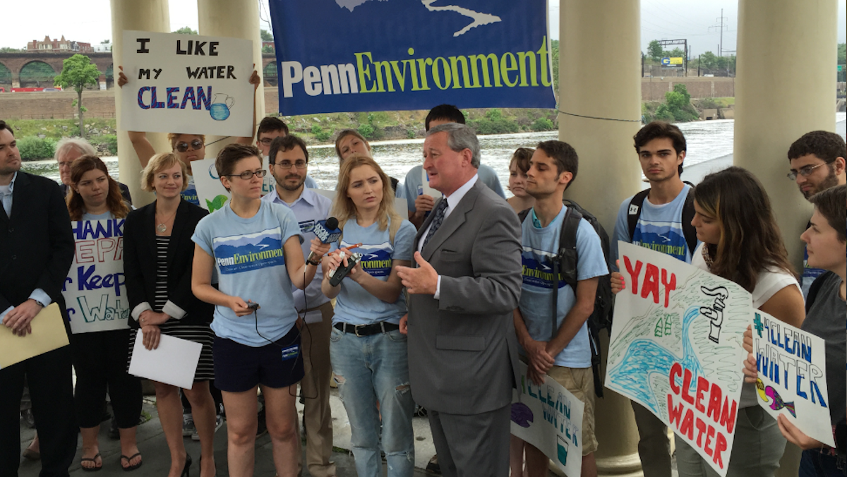  Jim Kenney speaks at Monday's press conference held on a Fairmount Water Works gazebo to celebrate the restoration of Clean Water Act protections. (Brian Hickey/WHYY) 