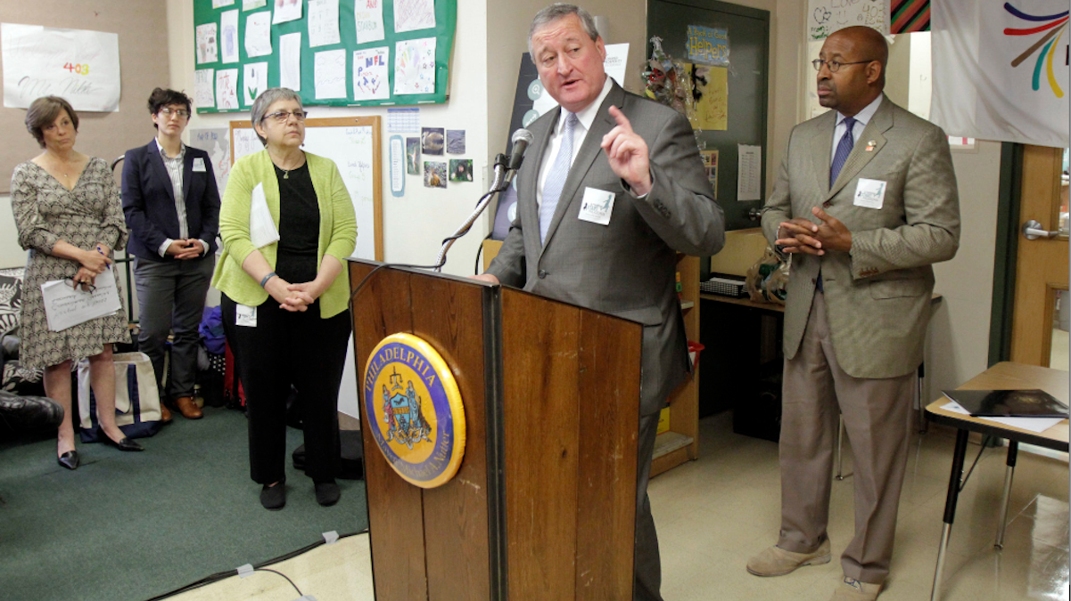 Mayor Michael Nutter, mayoral candidate Jim Kenney and city Executive Director Eva Gladstein (R-L) spoke at Tuesday morning's early childhood-education plan launch. (Stephanie Aaronson/via The Next Mayor partnership) 