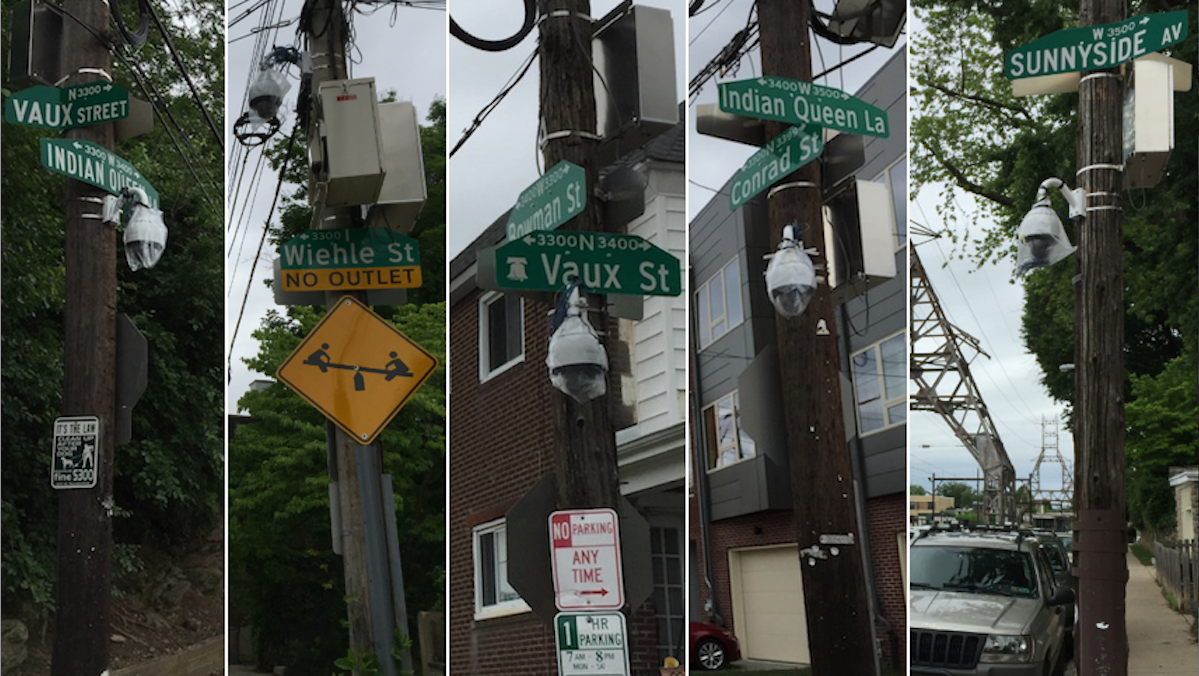  Five surveillance cameras installed this week throughout a portion of East Falls are not yet active. (Brian Hickey/WHYY) 