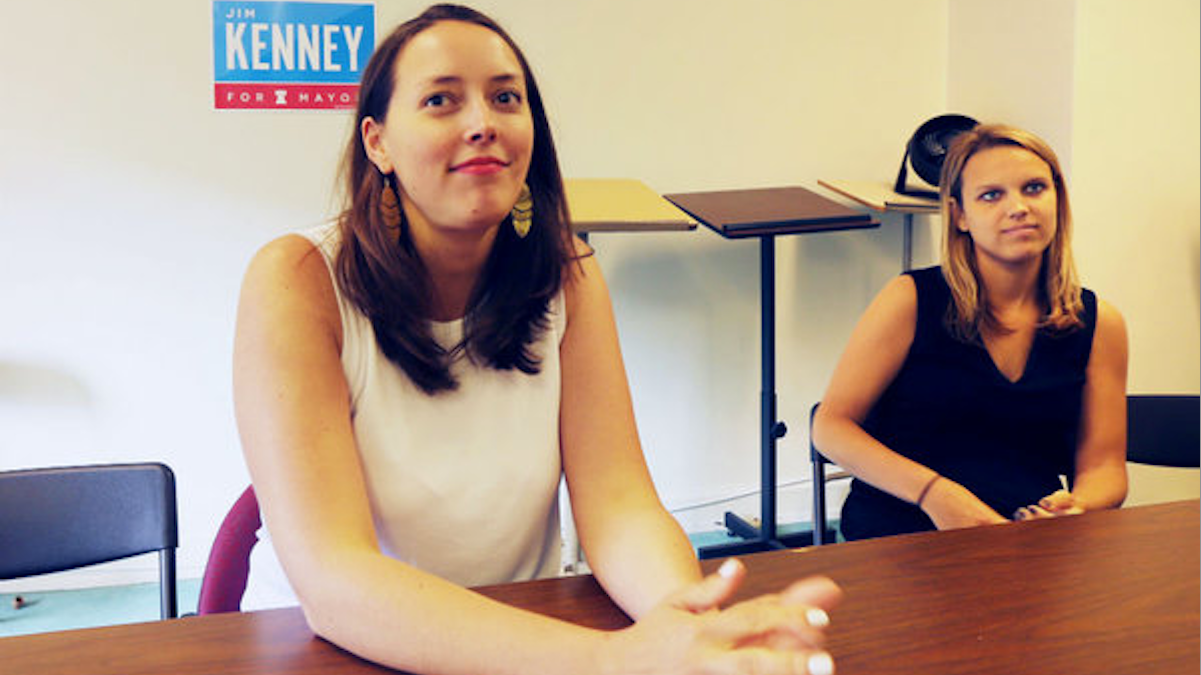   Jim Kenney's campaign manager Jane Slusser (left) and communications director Lauren Hitt (right) at campaign headquarters. (David Swanson via The Next Mayor partnership) 