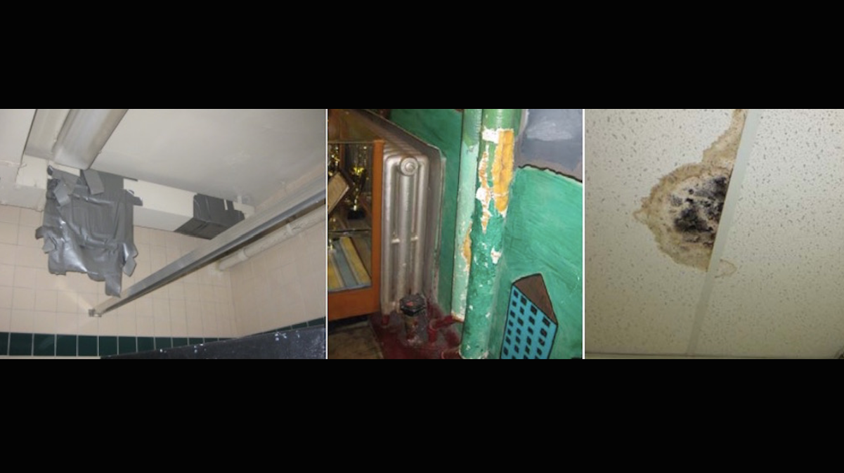  (L to R) Damaged air duct at Jenks; exposed insulation at Jenks; and water damage at Cook-Wissahickon (Courtesy of the Philadelphia Office of the Controller) 
