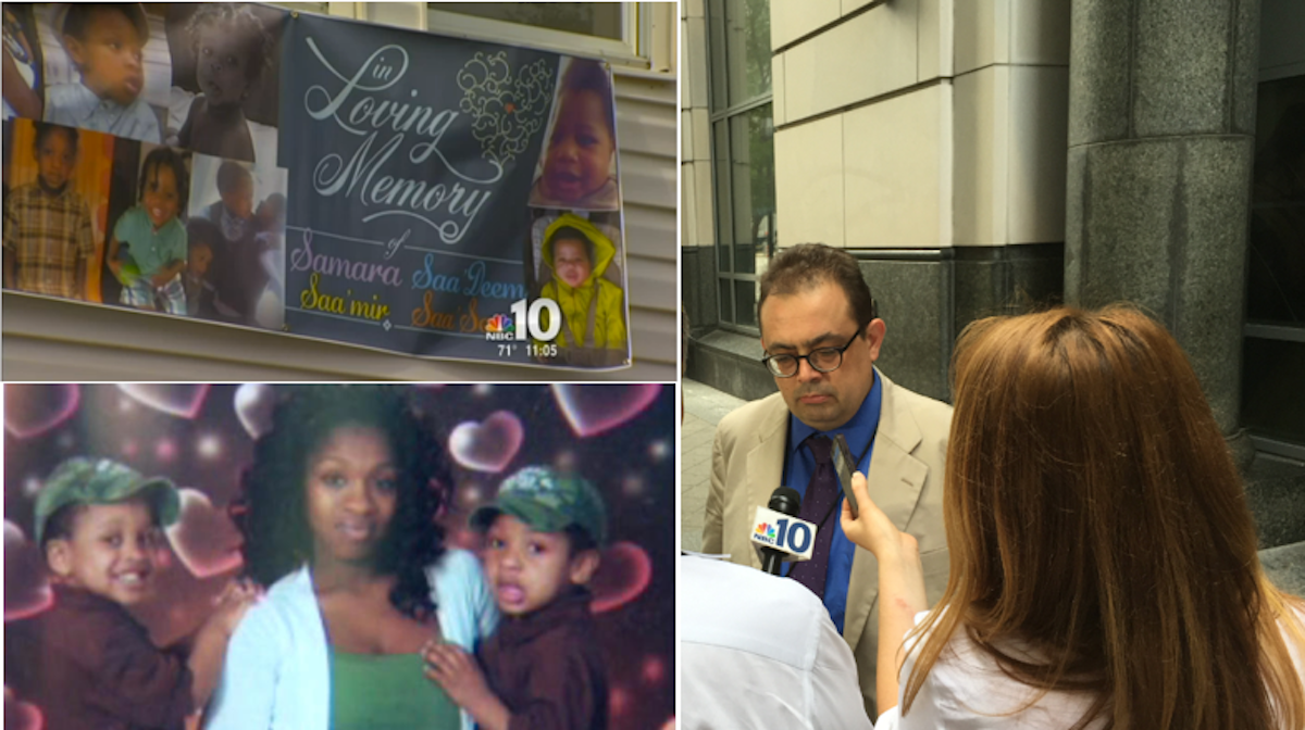  Assistant District Attorney Thomas Lipscomb (right) is interviewed after a judge convicted Khusen Akhmedov of four counts of third-degree murder for killing Samara Banks and three of her four young sons. (Left images via NBC10; Brian Hickey/WHYY) 