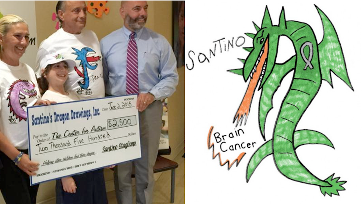  Santino Stagliano, shown donating $2,500 to The Center for Autism, created a T-shirt design to help a pediatric brain-cancer initiative at CHOP. (NewsWorks/file art; Facebook) 