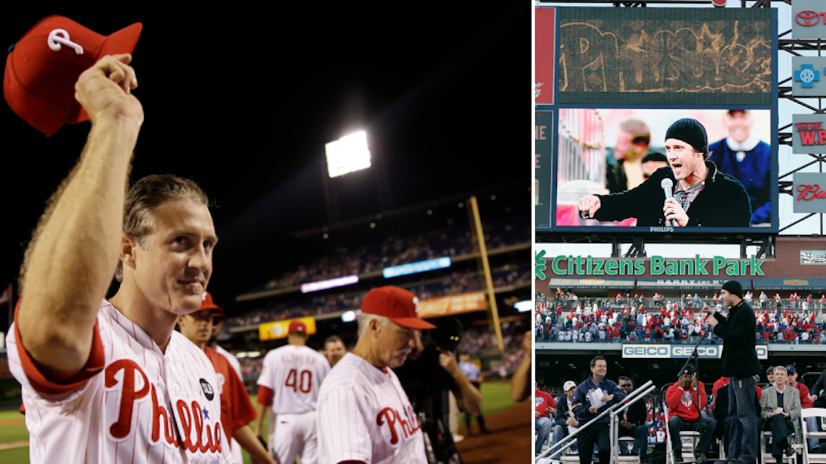  (Left) Philadelphia Phillies' Chase Utley acknowledges cheers from the crowd as he walks off the field Wednesday night. (Right) Utley addresses the crowd during the celebration of their World Series Championship, Friday, Oct. 31, 2008, at Citizens Bank. Utley used colorful language as he expressed his emotions on winning the championship.(AP Photos/Matt Slocum, Tom Mihalek) 