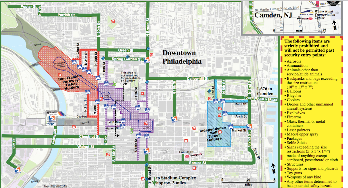  The green lines indicate walking routes to papal events. (Courtesy of the U.S. Secret Service) 