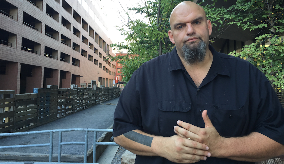 John Fetterman will return to Philadelphia tonight as his campaign for U.S. Senate continues to gain traction and/or widespread media attention. (Brian Hickey/WHYY) 