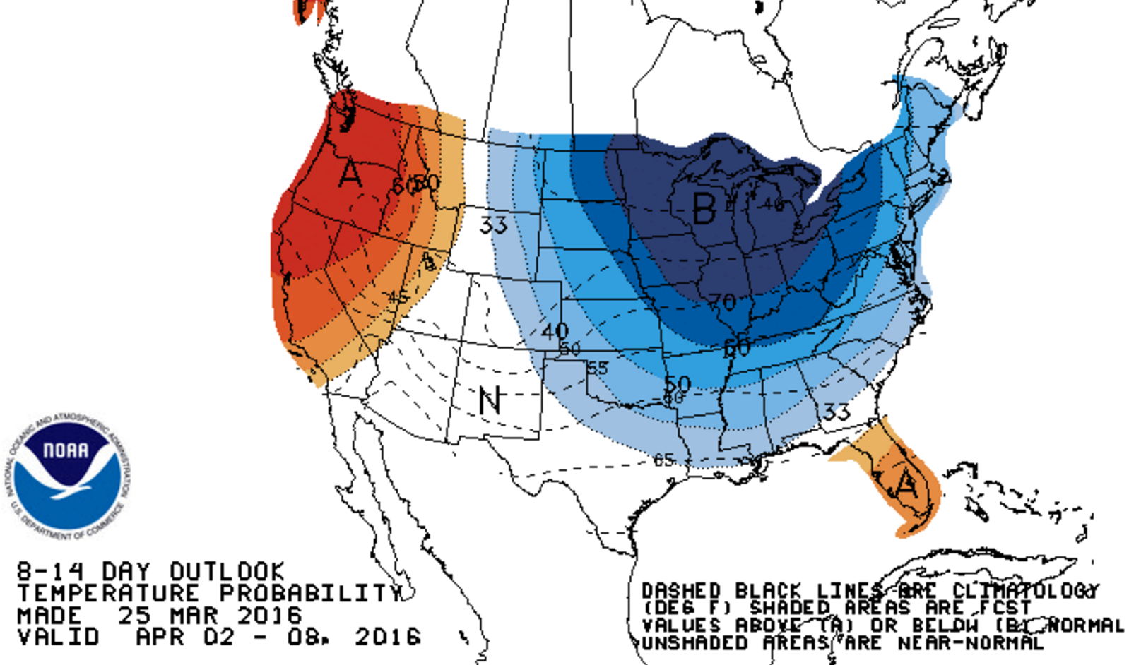A National Weather Service Climate Prediction Center 8-14 day outlook predicting the likelihood of below normal temperatures.