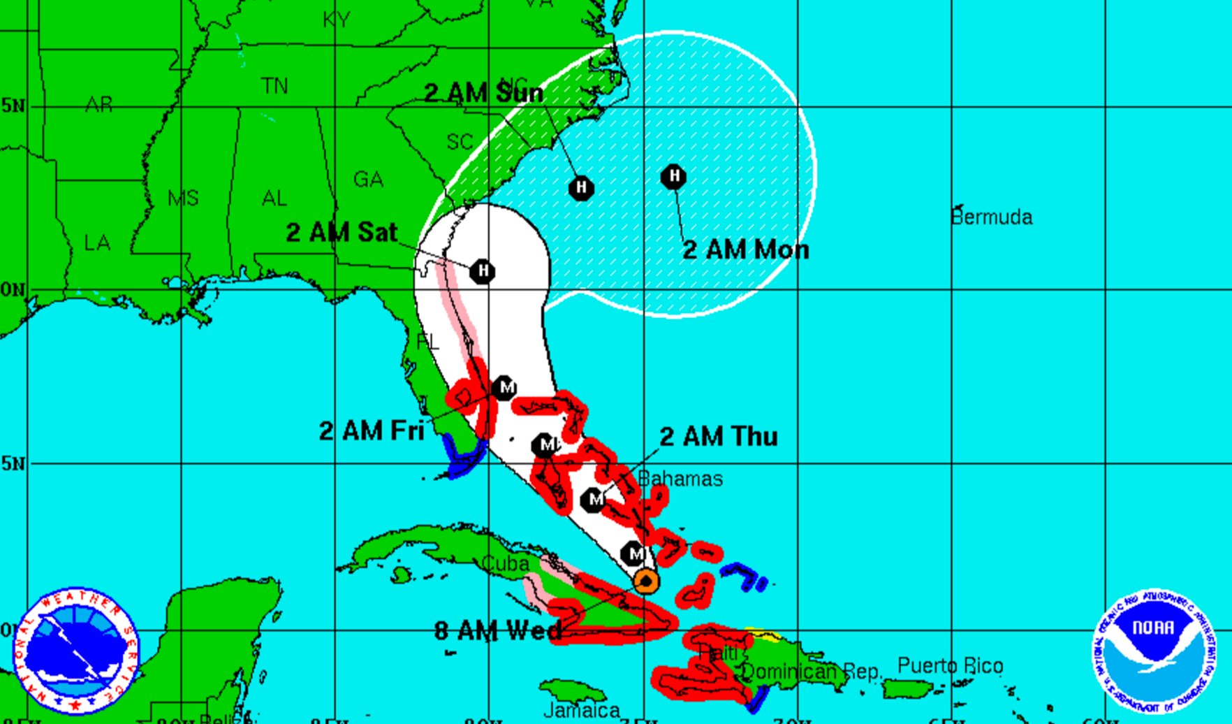 The 8 a.m. Matthew forecast track from the National Hurricane Center.