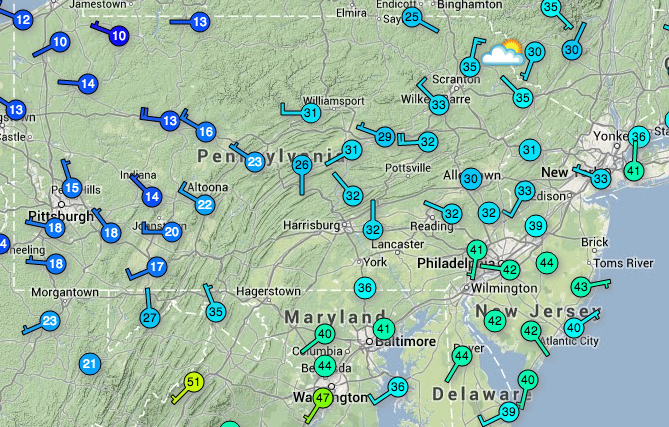  Regional temperatures at 9:45 a.m. Monday. An arctic front will sweep through today, plunging temperatures.  