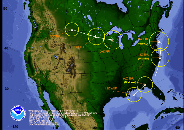  The two pieces of energy that will collide to form the coastal storm. (Image: NWS forecast briefing)  