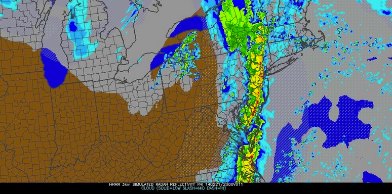  HRRR simulated radar for Friday afternoon. (Image courtesy of NY Metro Weather) 