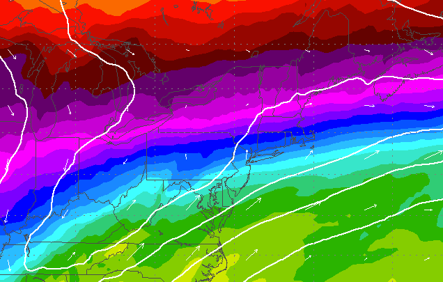 850 mb temperature profile from the early Wednesday EURO forecast model, indicating a range from colder (north) to warmer (south) in the region.  