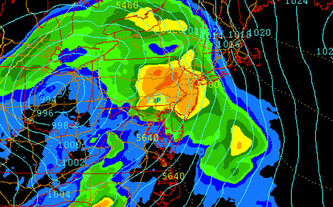  The 12z NAM forecast model indicating precipitation moving through the area Monday night. (Image via New York Metro Weather) 