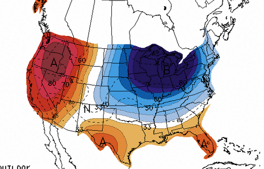  A National Weather Service Climate Prediction Center graphic showing a moderate chance of below normal temperatures in New Jersey between July 15 and July 19.  