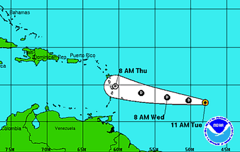  A National Hurricane Center tracking map shows the expected path of the Tropical Depression.  