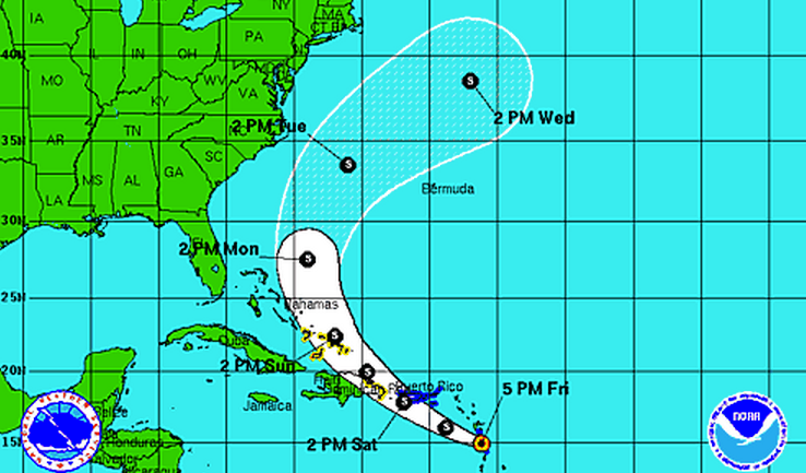  The National Hurricane Center forecast for Tropical Storm Bertha issued 5 p.m. Friday.  