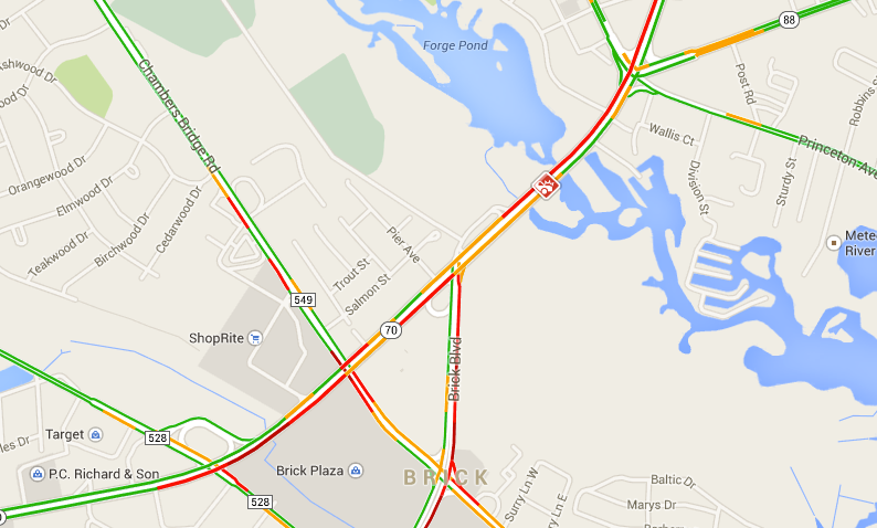  Traffic conditions at 4:30 p.m. Tuesday near a crash scene at Route 70 and Brick Boulevard in Brick. (Image: Google Maps) 