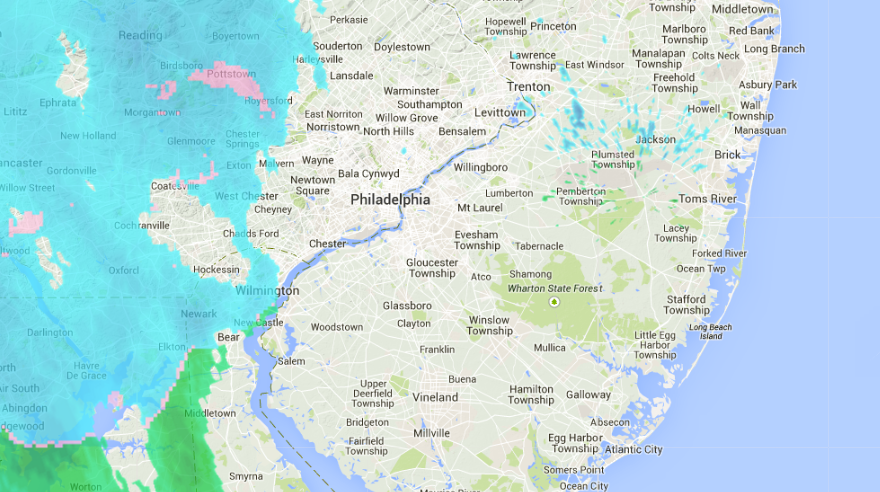  Radar at 4:30 p.m., indicating snow to the west of Philadelphia that will pass through the Jersey Shore this evening. (Image: Weather Underground) 