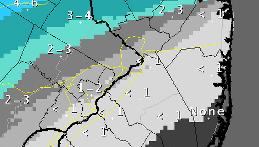 Snowfall accumulation map issued by the National Weather Service in Mount Holly, NJ Saturday afternoon.  