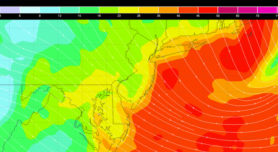  The NAM forecast model for Sunday morning, showing sustained winds between 35 and 45 miles per hour along the coast. Gusts will be higher.   