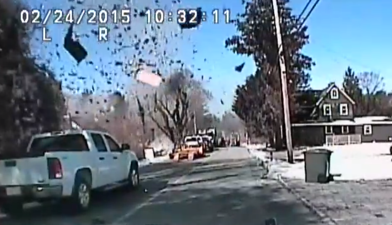  A screen capture from a police cruiser's dashcam of the explosion in Stafford Tuesday morning. (Image: Stafford Township Police Department) 