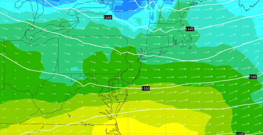  Mild air flowing through New Jersey on Wednesday. (Image: GFS forecast model/Weather Underground) 