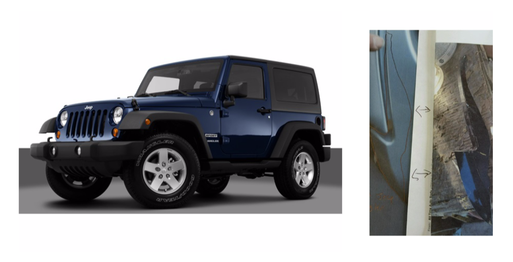  This depicts a blue Jeep Wrangler (left) and contains the actual vehicle part and shows where the piece fits onto the vehicle (right) that authorities say struck and killed a 27-year-old man on Route 37 in Toms River earlier this  month. (Image: Ocean County Prosecutor's Office) 