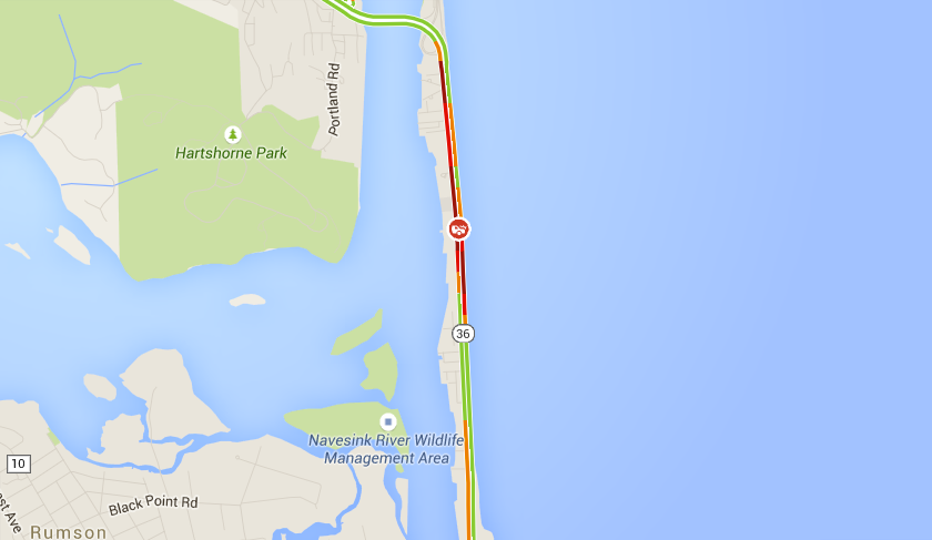  Heavy traffic on Route 36 in Sea Bright at 12:25 p.m. today. (Image: Google Maps) 