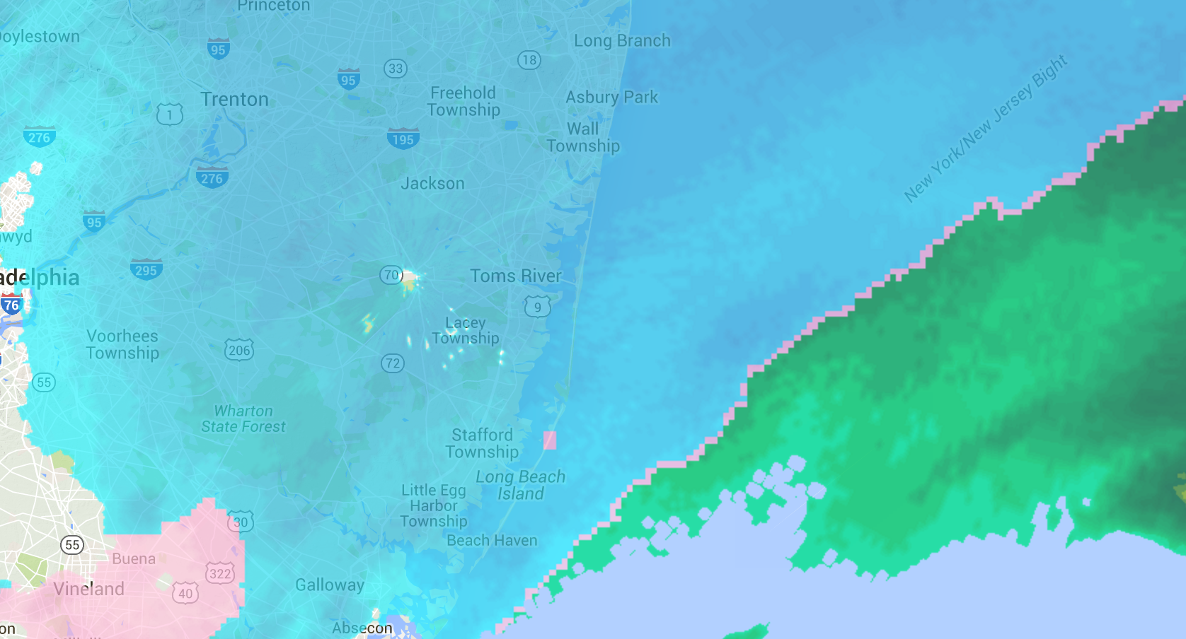  Radar image at 7:50 a.m. today, showing heavy snow at the Jersey Shore. 