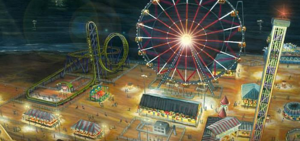 An artistic rendering of the expanded Casino Pier featuring the roller coaster and ferris wheel.