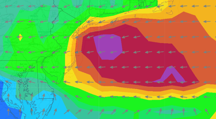 A wind forecast map depicting strong winds along the Jersey Shore around noon Monday. (Image: Windcaster.com)