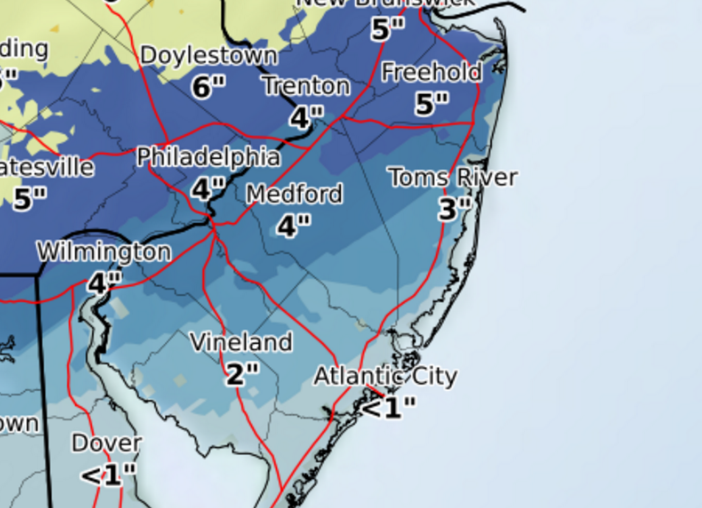 The snowfall forecast for Thursday issued late this afternoon by the National Weather Service.