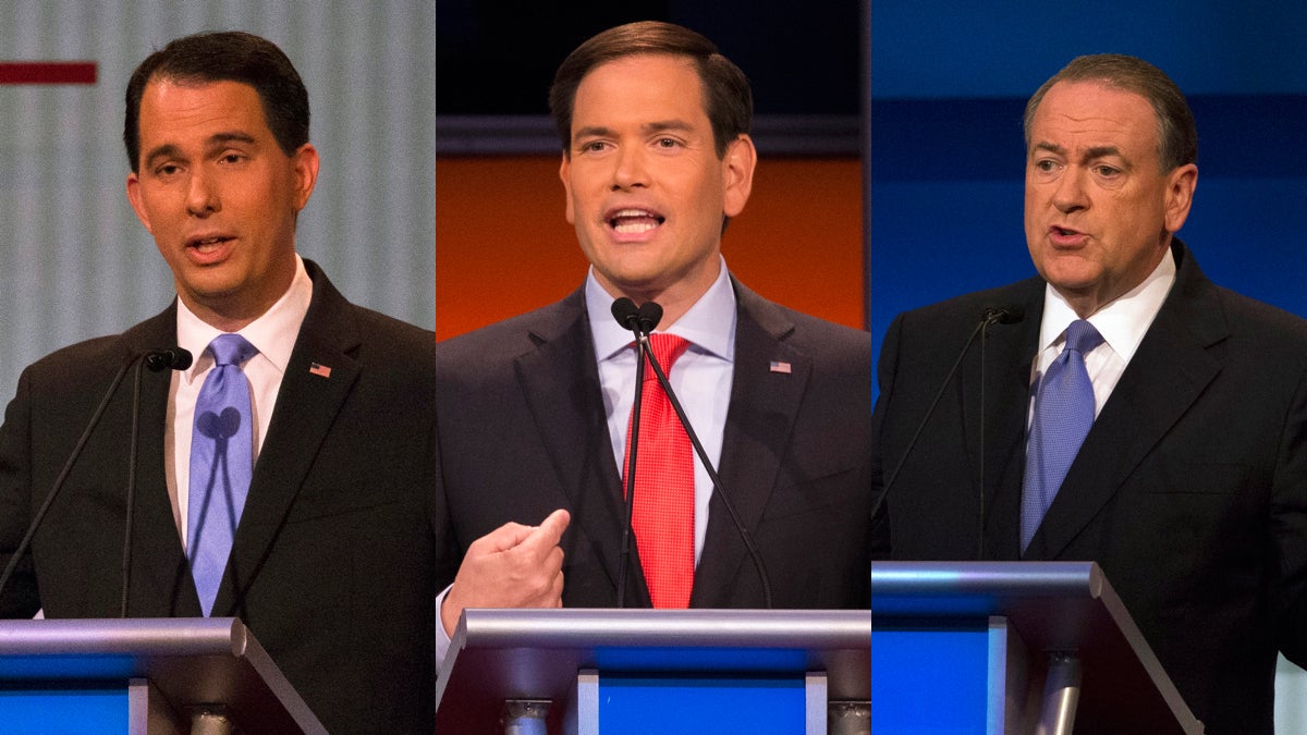  Republican presidential candidates (from left) Wisconsin Gov. Scott Walker, Sen. Marco Rubio, R-Fla., and former Arkansas Gov. Mike Huckabee. (AP photos) 