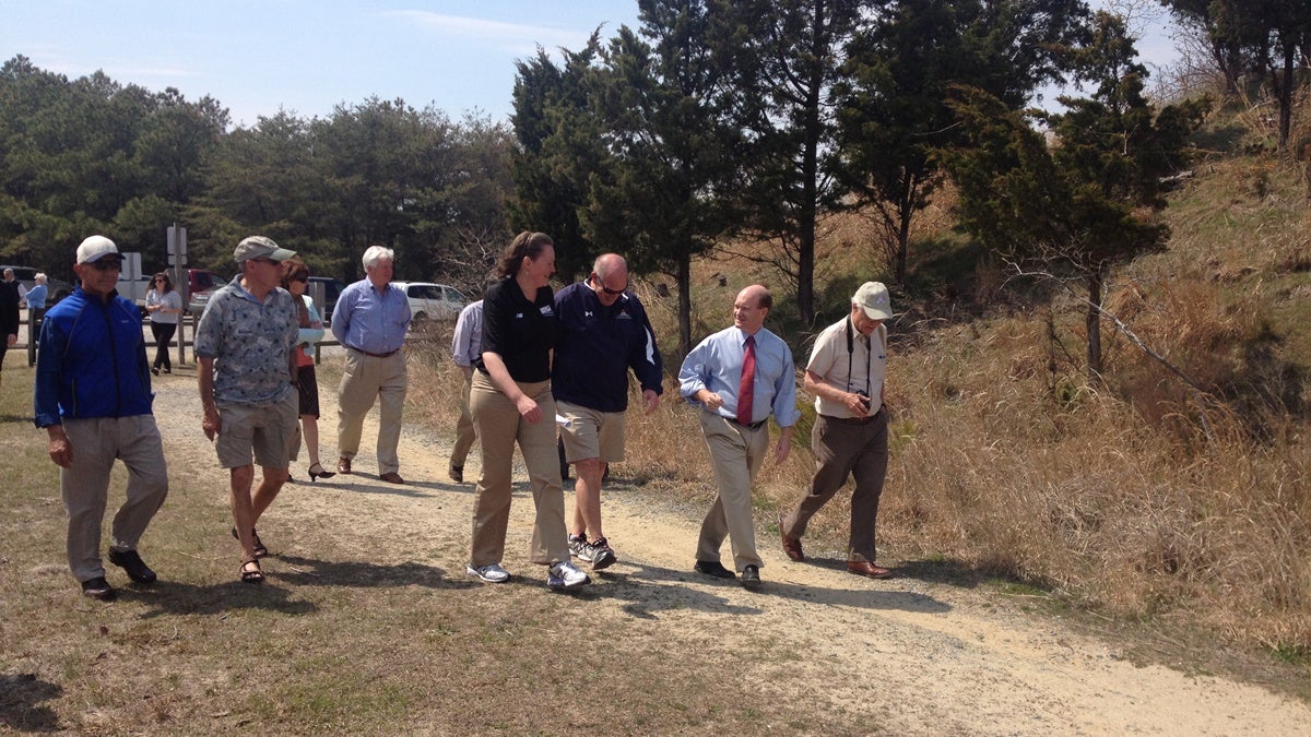  Sen. Chris Coons leads a group on the American Discovery Trail in Cape Henlopen State Park. (Shana O'Malley/for NewsWorks)  