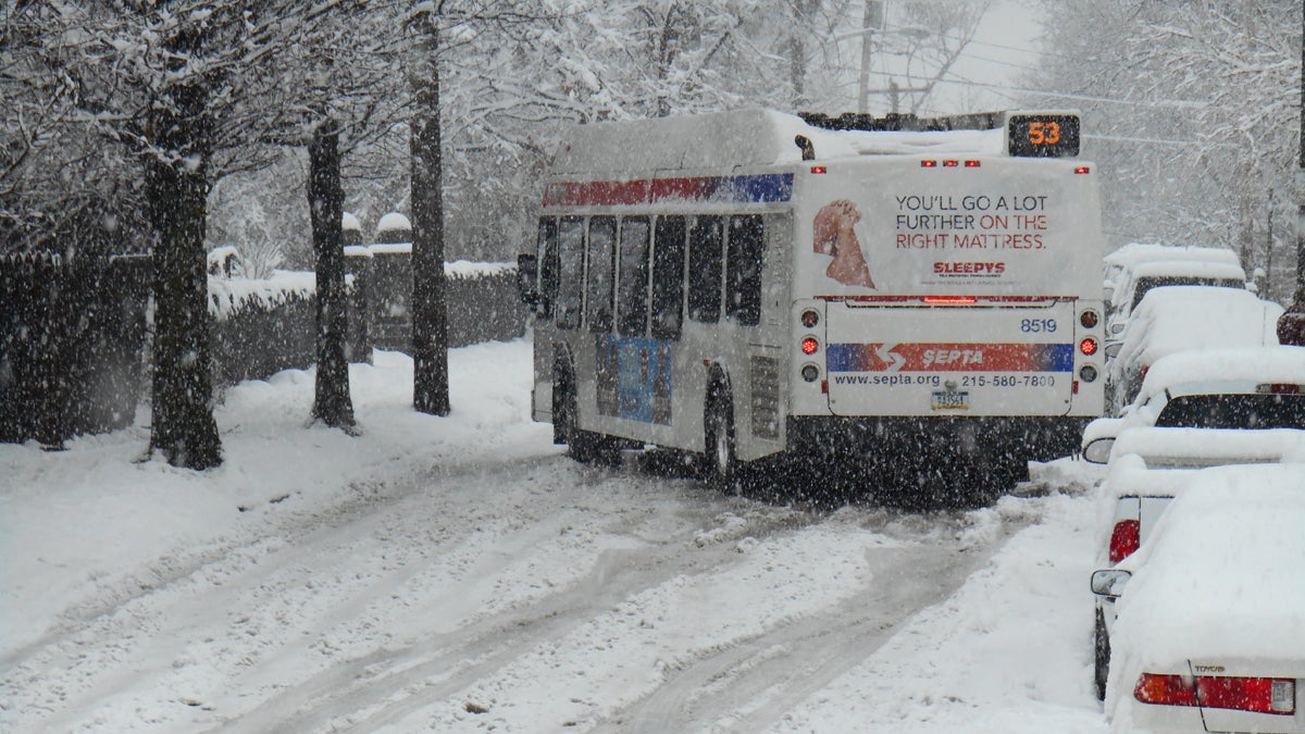  A SEPTA route 53 bus is shown stalled Monday morning near the intersection of Wayne Avenue and Walnut Lane. (Image courtesy of Mark Dankowsky) 